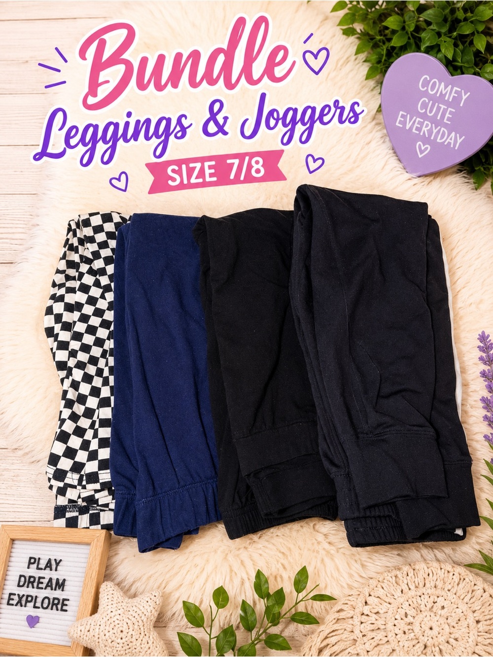 Kids Bundle: Black, Navy & Checkerboard Leggings & Joggers - Size 7/8